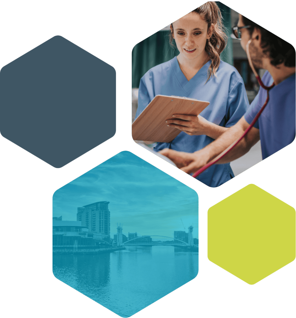 hexagon icons with medical professionals and downtown manchester visible